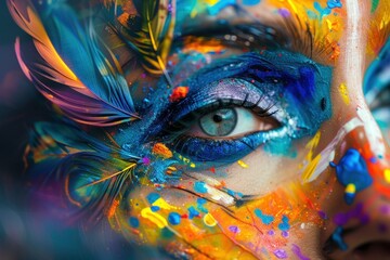 Artistic model posing with colorful face paint and feathers