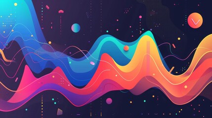 Poster - An abstract image featuring vibrant, flowing waves with geometric shapes and gradients against a dark background.