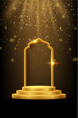 Wall Mural - gold 3d podium with frame on black background. abstract empty golden award platform with glowing arc