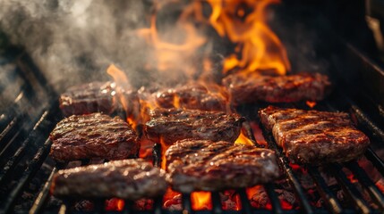 Canvas Print - Grilling meat on an open flame with visible heat and smoke, outdoor BBQ setting