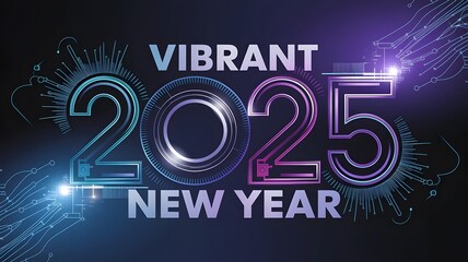 Illustration of the text 'Vibrant 2025 New Year' featuring bold typography and bright colors, highlighting futuristic design and modern aesthetics.