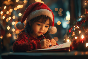 Wall Mural - A child eagerly writing a letter to Santa, surrounded by festive decorations and warm holiday lighting.