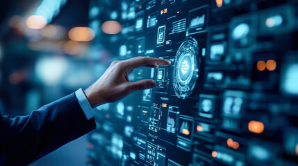 A hand interacting with a futuristic digital interface, showcasing advanced technology and data visualization in a modern workspace.