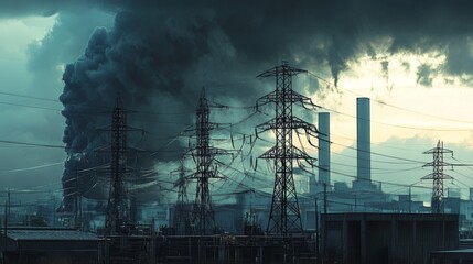 Industrial scene with multiple power poles and transformers, dark clouds in the background