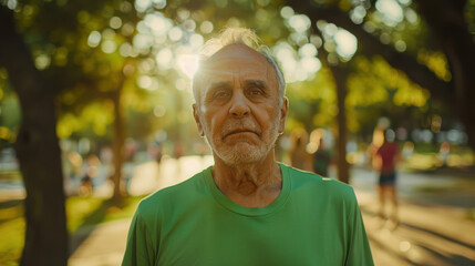 Wall Mural - A close-up photo capturing a senior man in mid-stretch, wearing a green t-shirt, the