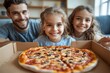 © nupam - Parents, children and pizza or moving boxes in new home for unpacking break, fast food or bonding. Mother, father and siblings eating of floor or real, Generative AI