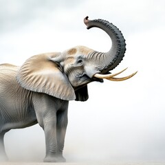 A majestic elephant stands proudly with its trunk raised, showcasing its strength and grace in a serene environment.