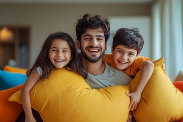 Happy indian couple with siblings kids fighting with pillow at home - concept of weekend holidays, entertainment and family bonding, Generative AI