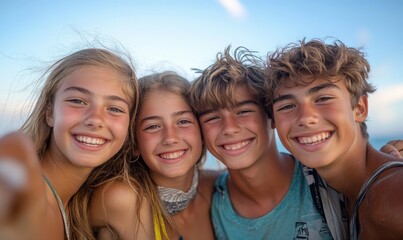 a group of four young individuals possibly siblings smiling for a selfie with one person holding the