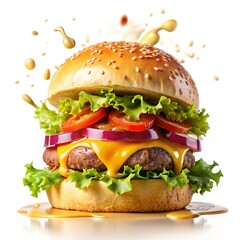 Wall Mural - Tasty burger with fresh ingredients on a white background