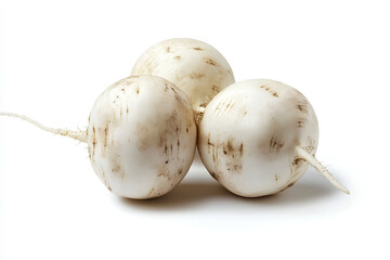 Three white turnips on a white background,