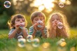 © nupam - Nature, sunset and children blowing bubbles in park relaxing on grass together for bonding. Family, fun and kid siblings playing with soap toy laying on lawn in outdoor garden, Generative AI