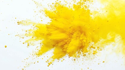 Poster - An image showcasing a dynamic yellow powder explosion against a white backdrop, emphasizing energetic movement and visual contrast.