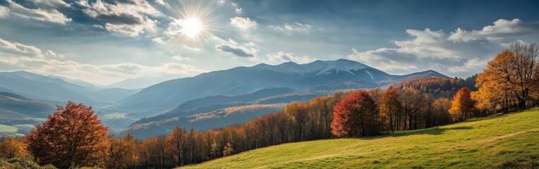 Serene winter landscape with snow-capped mountains and colorful trees