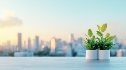 Wall Mural - Green Plants on a Table with City Skyline in the Background.