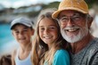 © Anupam - Portrait, love and family on beach, quality time and happiness with joy, cheerful and adventure. Face, happy grandparents and mother with father, siblings and children on seaside holiday,Generative AI