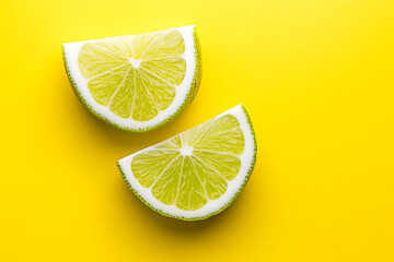 Wall Mural - Two slices of lime on a bright yellow background, highlighting freshness and vibrancy.