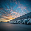 © BrandwayArt - Fleet of trucks parked at a distribution center during sunset