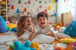 © Anupam - siblings having fun, laughing, boy and girl play pillow fight in messy childrens room, kids playing among the many toys at home, a lot of toys and things scattered on floor room, dirty, Generative AI