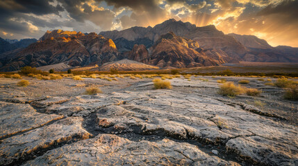 A desolate desert landscape with a sun setting in the background