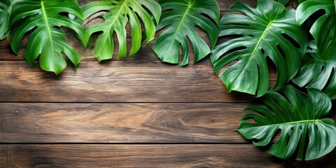 Wall Mural - Monstera leaves arranged on a rustic wooden background for a natural feel