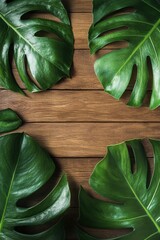 Wall Mural - Lush Monstera leaves arranged on a rustic wooden surface