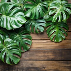 Wall Mural - Lush Monstera leaves arranged on a rustic wooden background in daylight