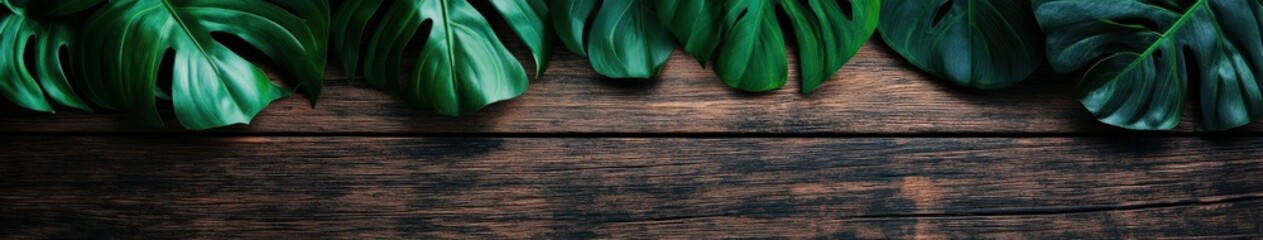 Wall Mural - Lush monstera leaves resting on a rustic wooden surface in natural light