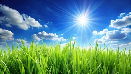 Fresh spring summer grass in sunshine under blue sky , green, nature, sunny, outdoors, meadow, vibrant, natural, bright, sunny