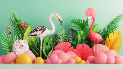 Sticker - Tropical Flamingo and Dog  Scene.