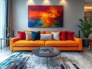 Sticker - vibrant abstract painting dominating stylish living room bold splashes of color against neutral decor contemporary space exudes cheerful energy and artistic flair