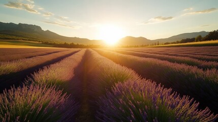 Poster - The serene beauty of the lavender fields in full bloom under a golden sunset in Provence, France