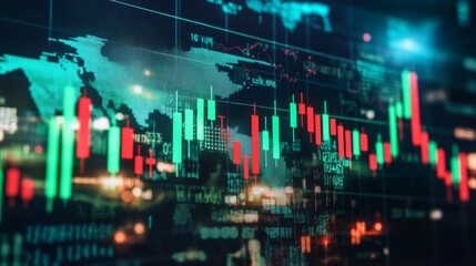 Aufkleber - Stock market graph with green and red candlesticks, world map in the background