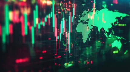 Wall Mural - Stock market graph with green and red candlesticks, world map in the background