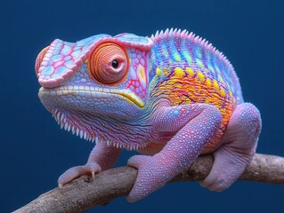 Wall Mural - vibrant chameleon with iridescent scales perched on branch against electric blue background hyperdetailed textures dramatic lighting and saturated colors create striking wildlife portrait