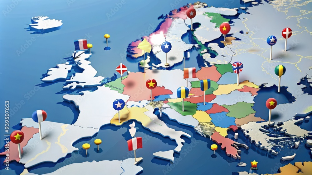 Europe map with flags of countries represented by location pins, Europe ...
