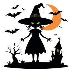 Halloween Witch black silhouette on a broomstick with bats, pumpkin isolated on a white background, Vector illustration