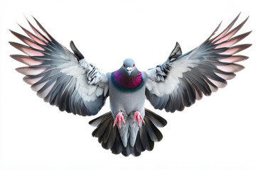 A majestic pigeon in flight, showcasing its stunning plumage and expansive wingspan against a clean white background.