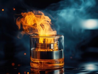 Whiskey in Glass with Dramatic Flame Effect and Smoke in Dark Artistic Setting