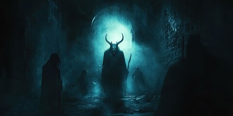 Wall Mural - A horned demon walks through a dark, foggy alley.