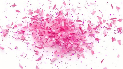 Wall Mural - A vibrant burst of pink confetti scattered across a white background, capturing a joyful and celebratory moment.