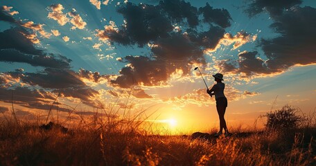 Wall Mural - Silhouette of woman playing golf on summer course.