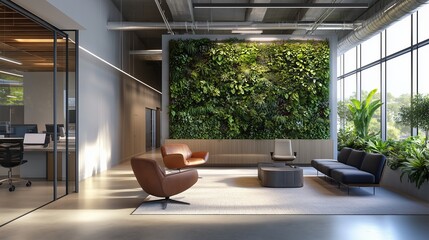 Sustainable office design incorporating nature with a vertical green wall.