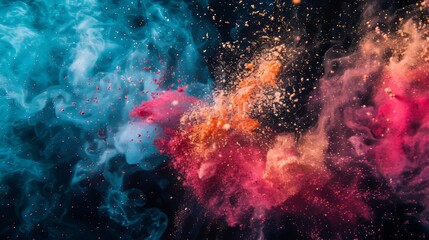 Canvas Print - An explosion of colorful powders in teal and coral hues against a dark background, crafting a dynamic and vibrant scene.