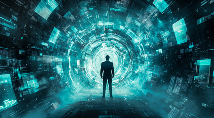 A businessman stands in the center of a digital portal, surrounded by holographic screens.