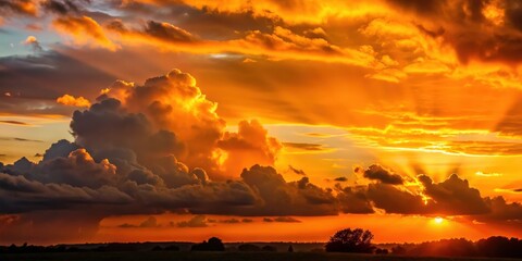 Wall Mural - Warm orange sunset with fluffy clouds casting a silhouette over the landscape, sunset, orange, warm, clouds, silhouette, landscape