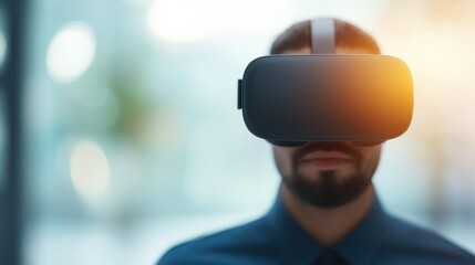 A man wearing a VR headset in a modern environment, showcasing the immersive experience of virtual reality technology.