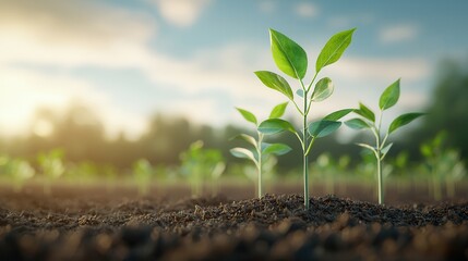 Canvas Print - Young Green Plant Shoots Growing in Soil.