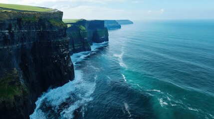 The iconic cliffs of Moher towering over the Atlantic Ocean, Ireland, with waves crashing below