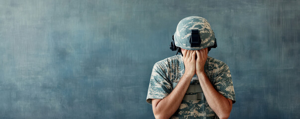 A soldier in uniform shows visible distress while standing against a textured wall, symbolizing stress and emotional struggle.